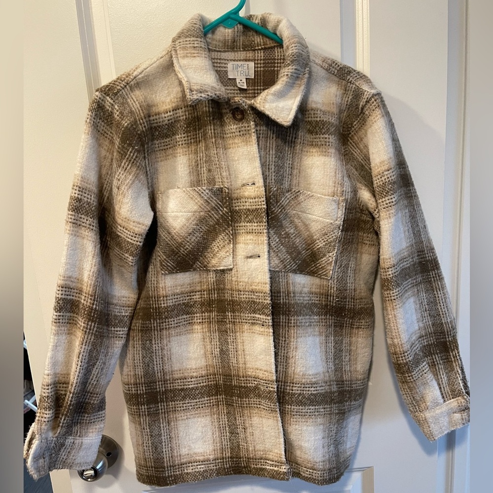 Time and Tru Women's Shacket - Brown and Cream Plaid